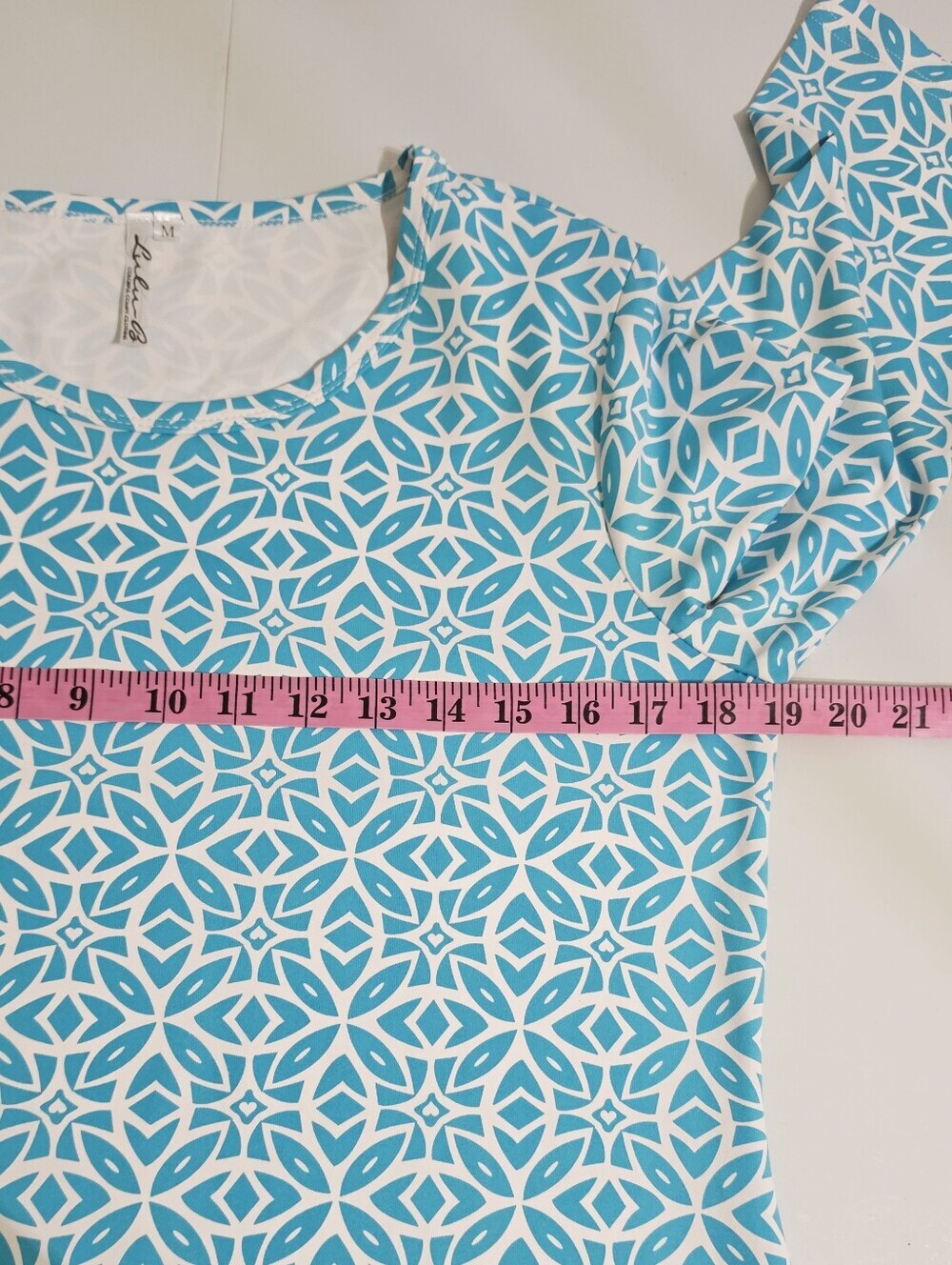 Lulu-B Colorful Clothing Dress M Turquoise White Geometric 3/4 Sleeve SPF 50 - Picture 8 of 14
